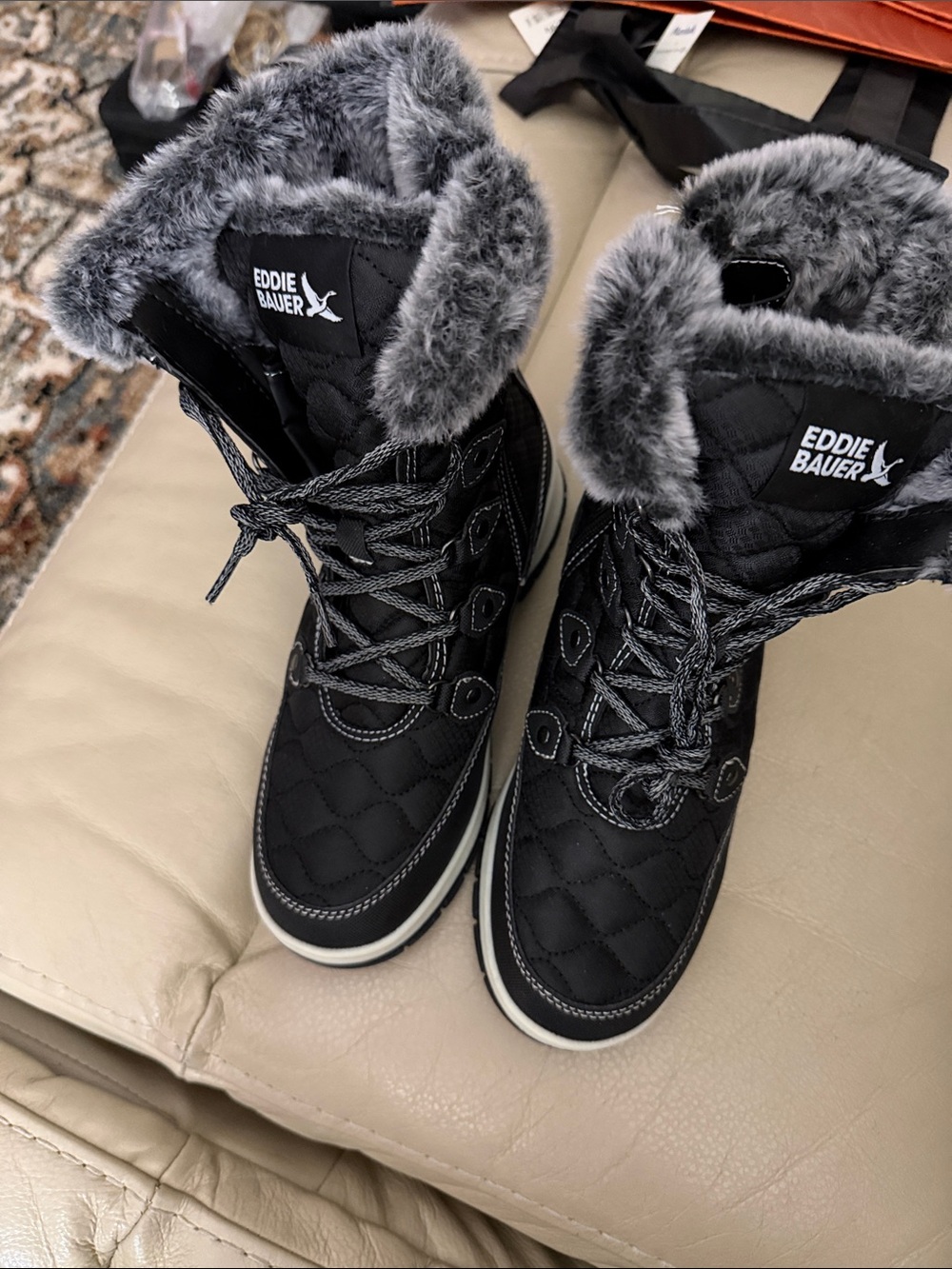 Eddie Bauer Women's Black Quilted Faux-Fur Winter Boots, size 8